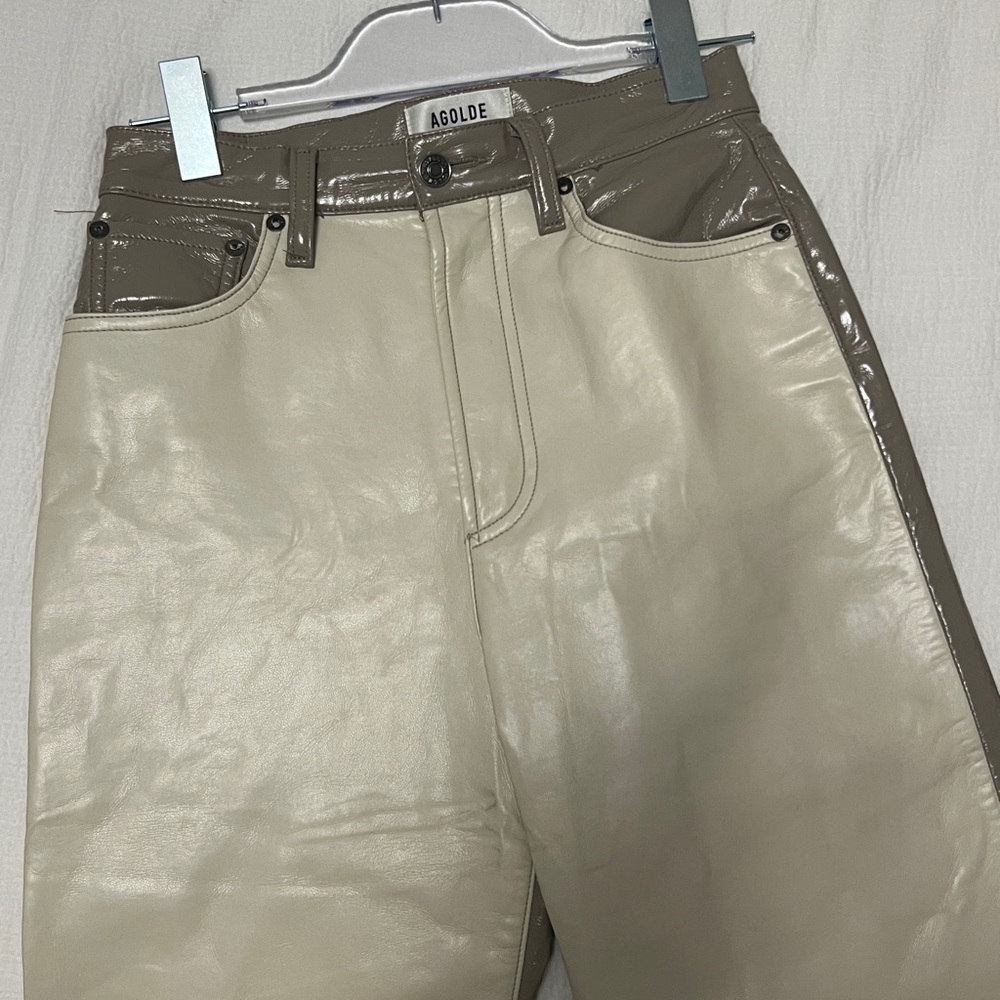 Agolde Paneled 90s Pinched Waist Powder Quail Leather colorblock Pants Size 24 - Picture 10 of 10